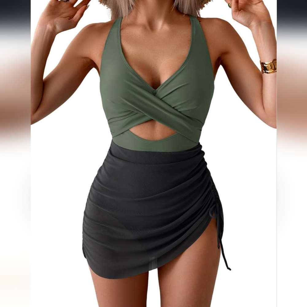 Green and Black Cutout One Piece Swimsuit